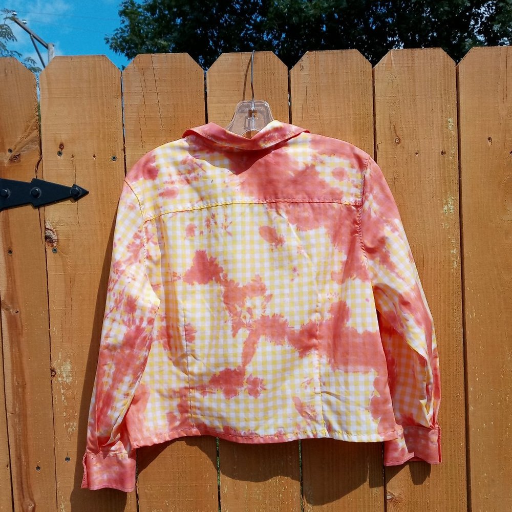 Foxcroft Crop Button Down Top Women's 16 Yellow Gingham Rose Tie Dye Lightweight - Picture 7 of 7